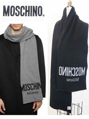 Moschino Unisex Wool Black Gray Logo Scarf Italy